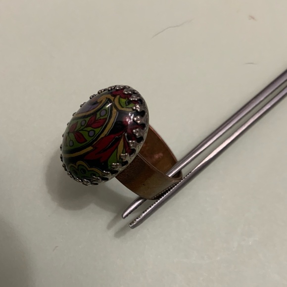 Vtg Antique Copper Multicolor Paisley Cabochon Ring in Beveled Setting Sz 7 - Picture 10 of 16